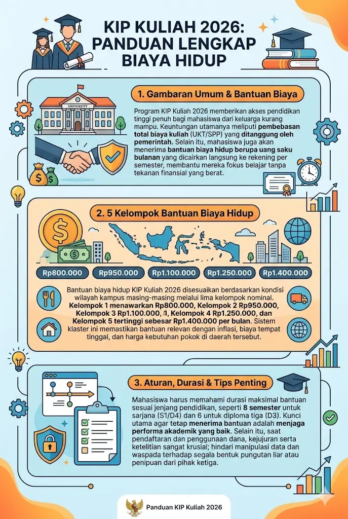 5 Kelompok Biaya Hidup KIP Kuliah 2026: Panduan Lengkap Bantuan Rp800 Ribu–Rp1,4 Juta & Aturan Terbaru